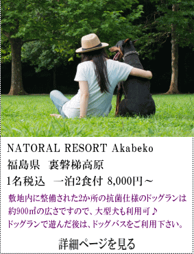 NATORAL-RESORT-Akabeko　福島県裏磐梯高原　1名税込1泊2食付8,000円～　敷地内に整備された2か所の抗菌仕様のドッグランは、約900㎡の広さですので、大型犬も利用可♪ドッグランで遊んだ後は、ドッグスパをご利用下さい。　詳細ページを見る