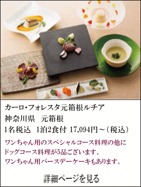 カーロ・フォレスタ元箱根ルチア　神奈川県元箱根　1名税込1泊2食付17,094円～（税込）　ワンちゃん用のスペシャルコース料理の他にドッグコース料理が5品ございます。ワンちゃん用バースデーケーキもあります。　詳細ページを見る