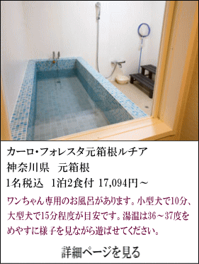 カーロ・フォレスタ元箱根ルチア　神奈川県元箱根　1名税込1泊2食付17,094円～　ワンちゃん専用のお風呂があります。小型犬で10分、大型犬で15分程度が目安です。湯温は36～37度をめやすに様子を見ながら遊ばせてください。　詳細ページを見る
